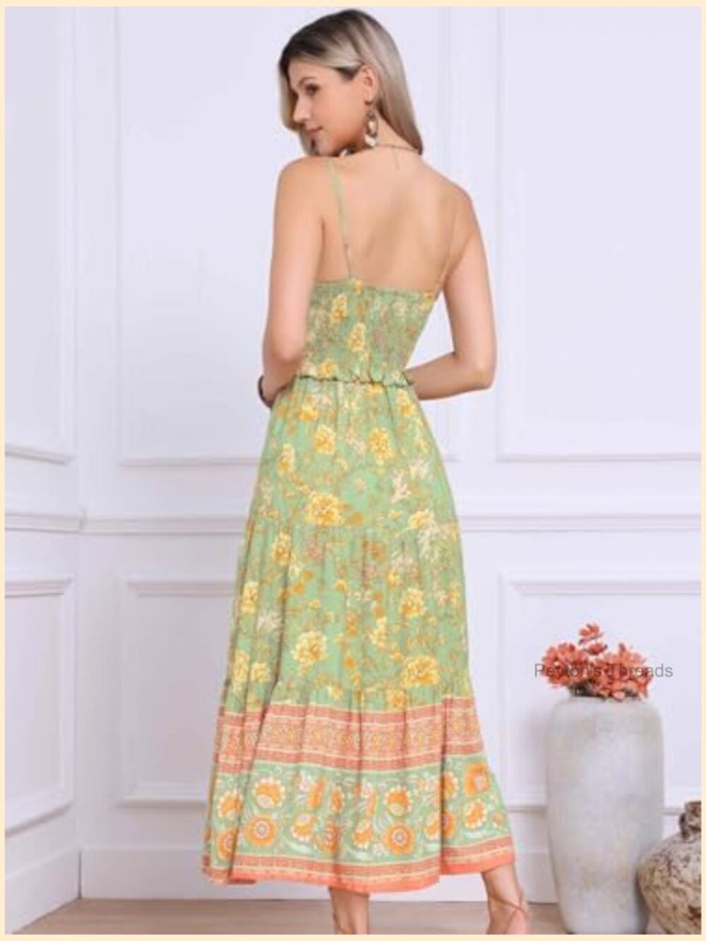 Boho Floral Smocked Tiered Maxi Dress Spaghetti Strap A-Line - Picture 2 of 5